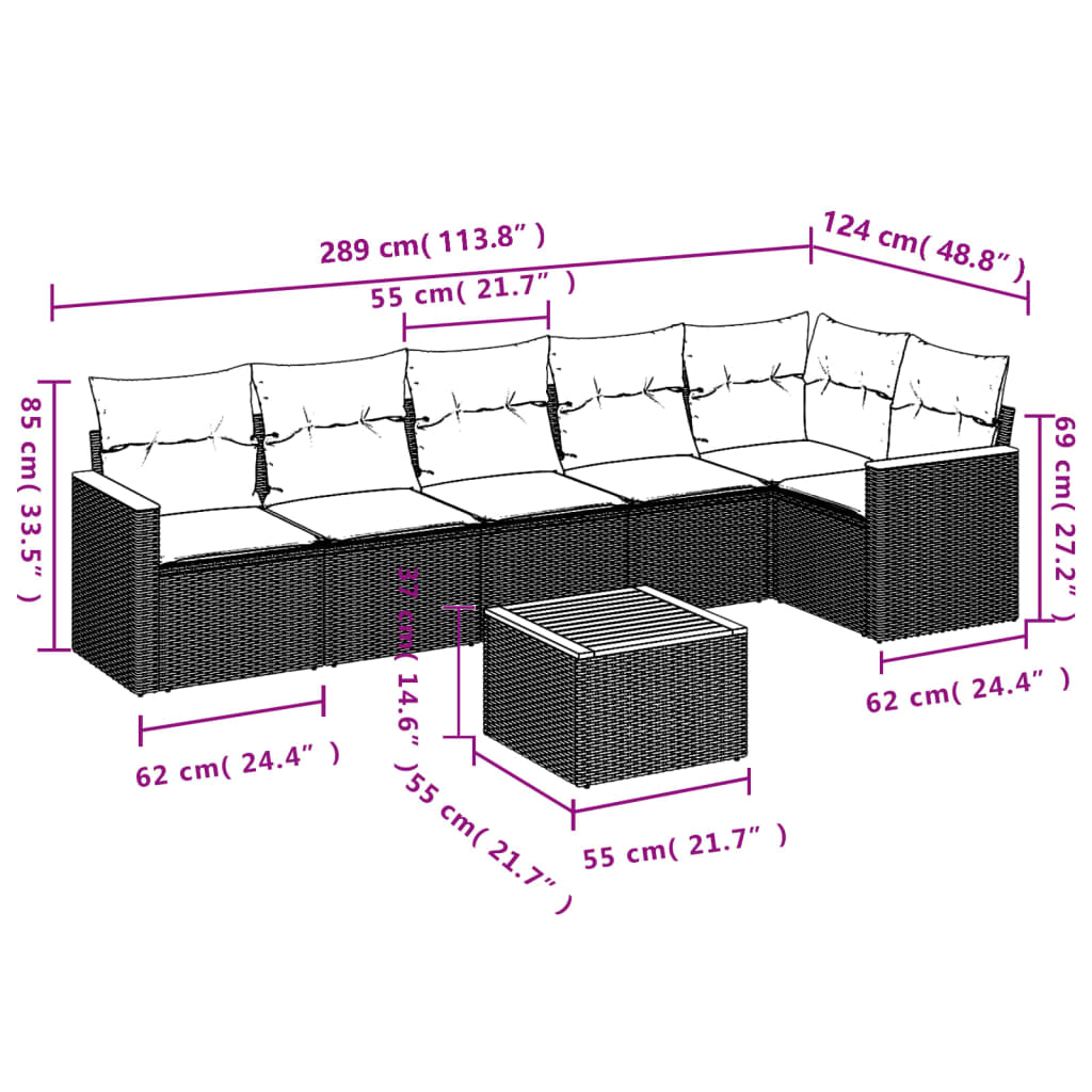 vidaXL 7-delige Loungeset met kussens poly rattan zwart