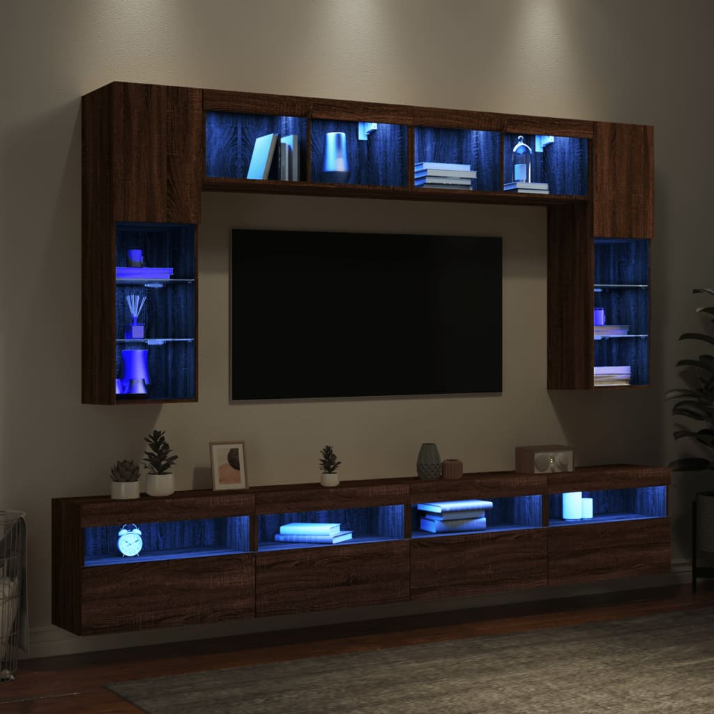 vidaXL 8-delige Tv-wandmeubelset met LED-verlichting bruin eikenkleur