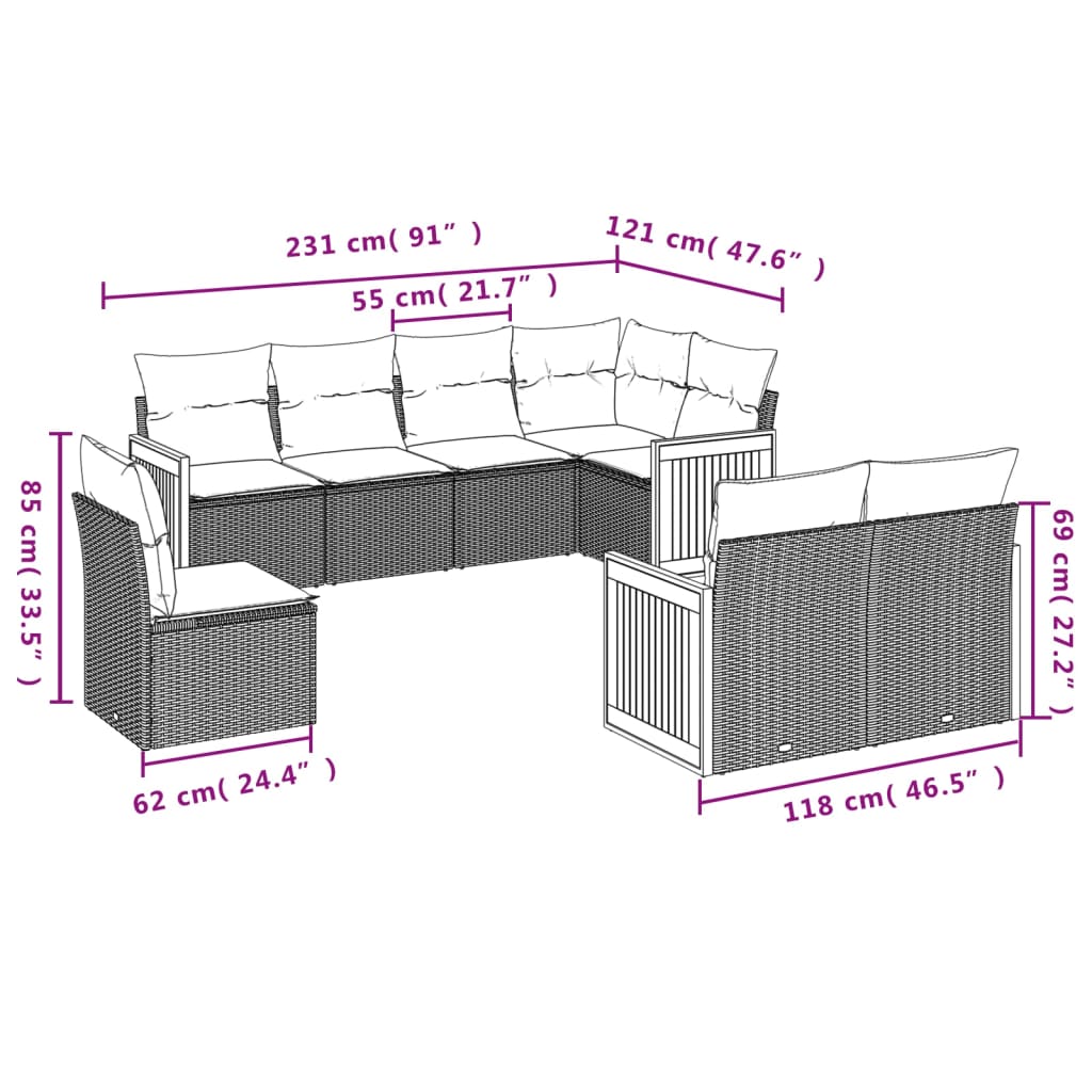 vidaXL 8-delige Loungeset met kussens poly rattan grijs