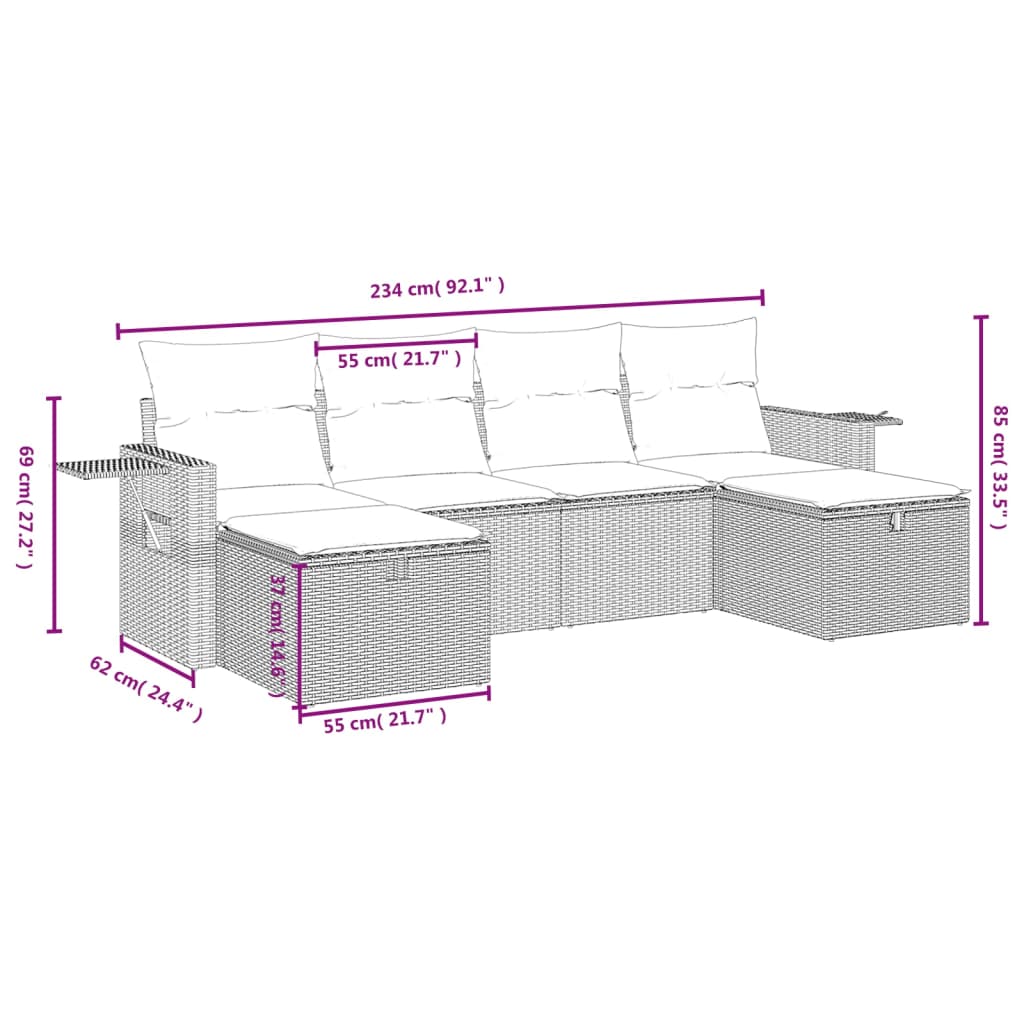 vidaXL 6-delige Loungeset met kussens poly rattan grijs