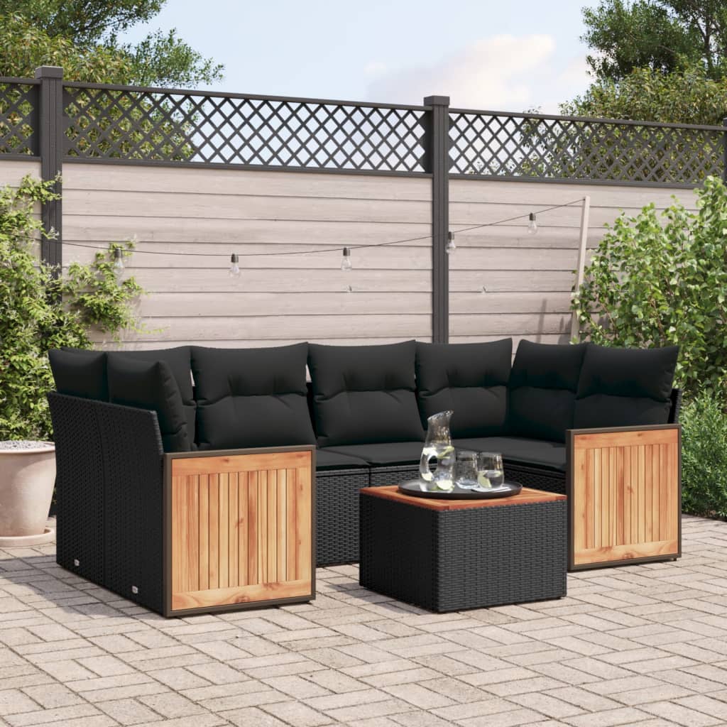 vidaXL 7-delige Loungeset met kussens poly rattan zwart