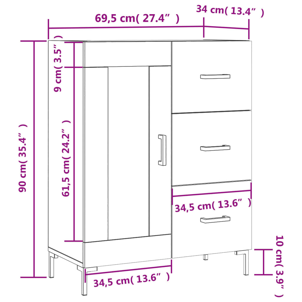 vidaXL Dressoir 69,5x34x90 cm bewerkt hout wit