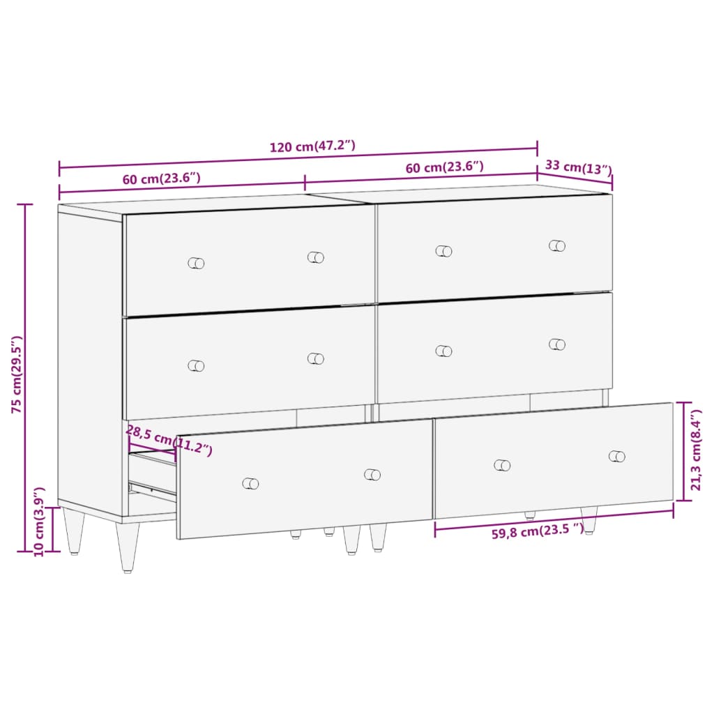 vidaXL Bijzetkasten 2 st 60x33x75 cm massief mangohout