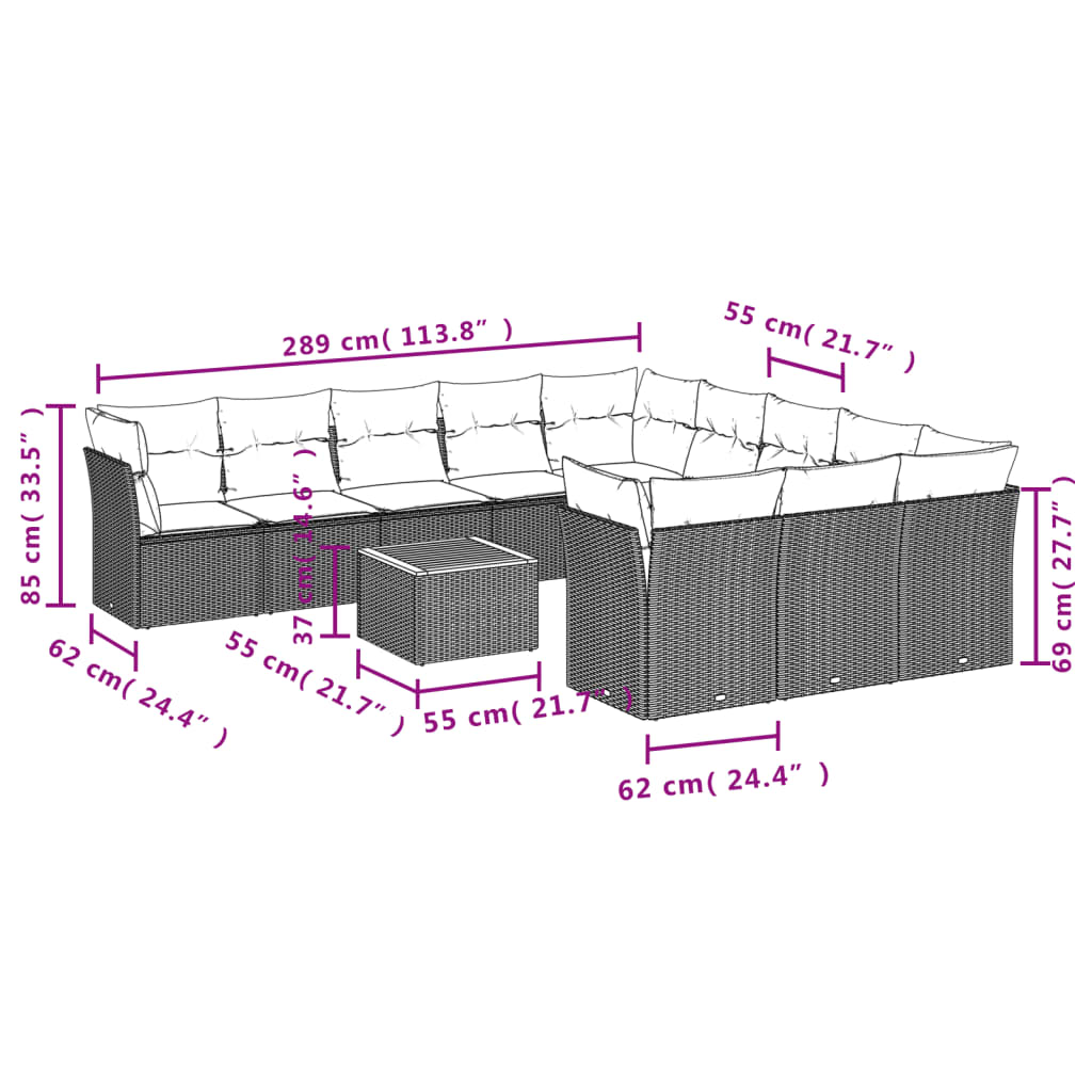 vidaXL 12-delige Loungeset met kussens poly rattan grijs