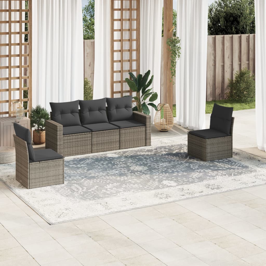 vidaXL 5-delige Loungeset met kussens poly rattan grijs