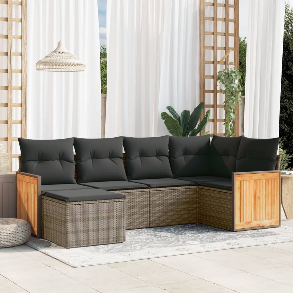 vidaXL 6-delige Loungeset met kussens poly rattan grijs