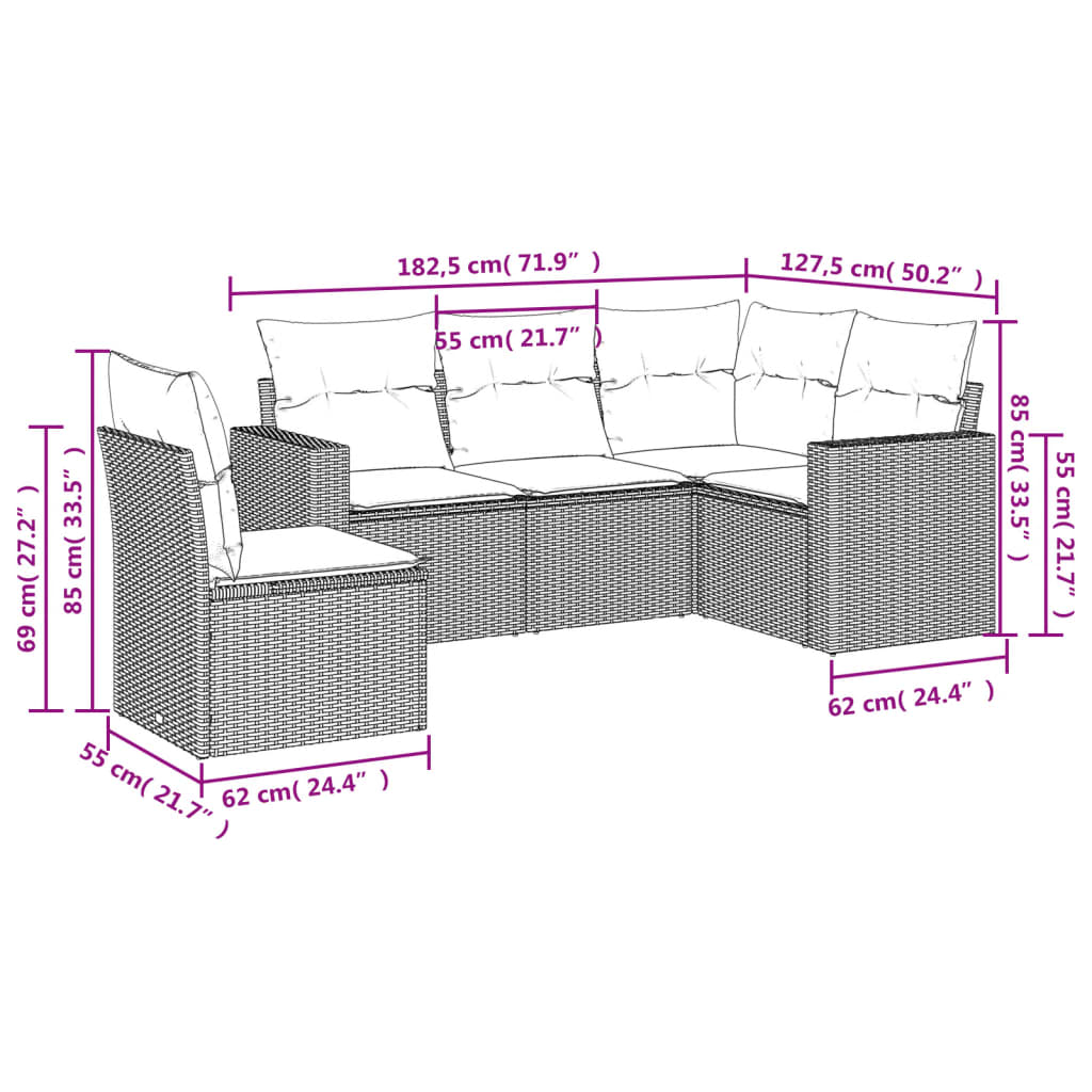 vidaXL 5-delige Loungeset met kussens poly rattan grijs