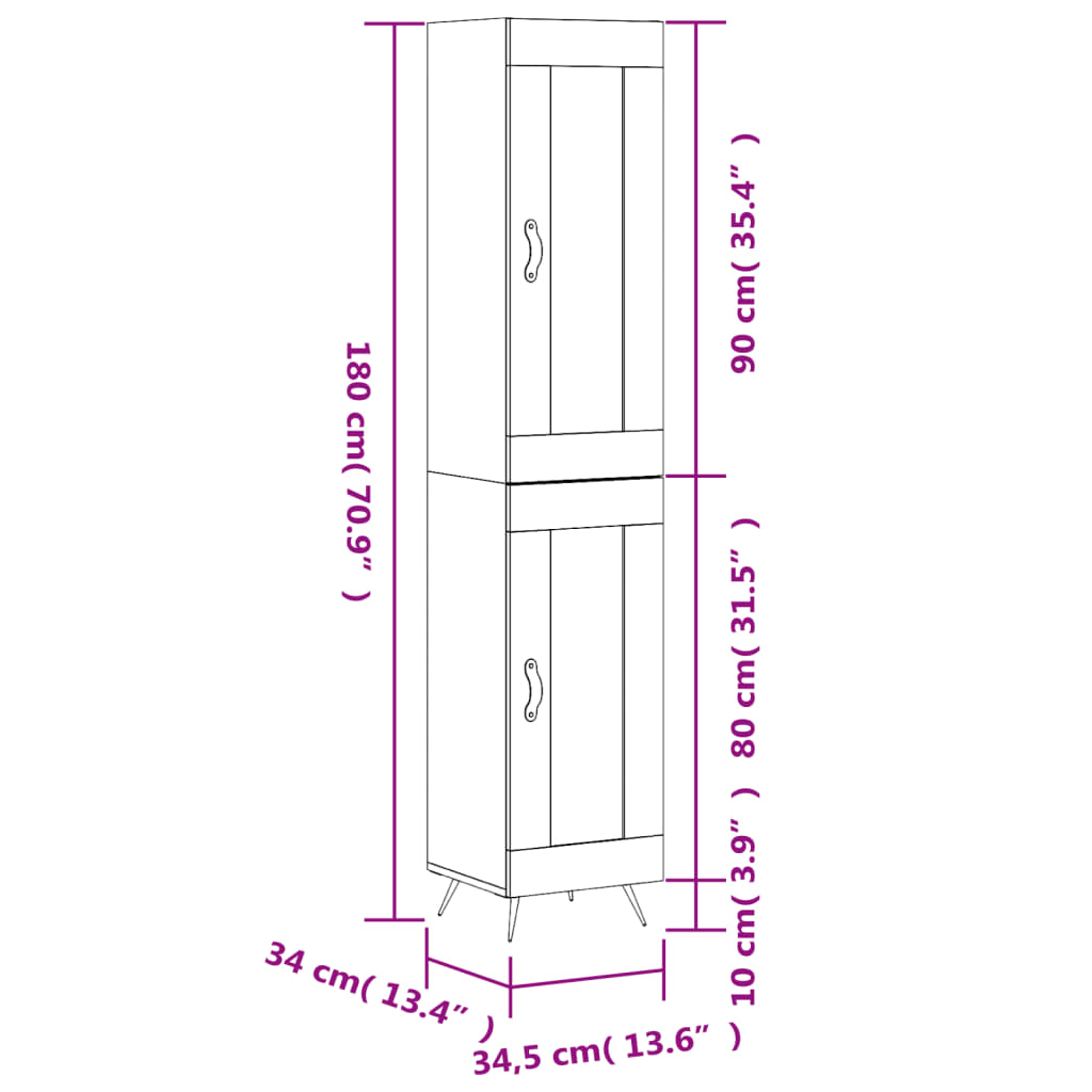 vidaXL Hoge kast 34,5x34x180 cm bewerkt hout grijs sonoma eikenkleurig