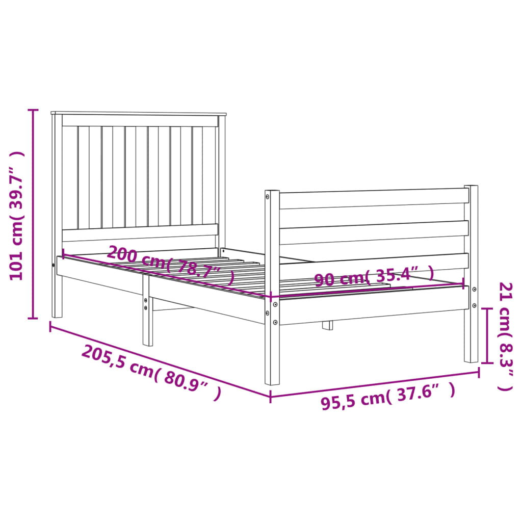 vidaXL Bedframe met hoofdbord massief hout wit 90x200 cm