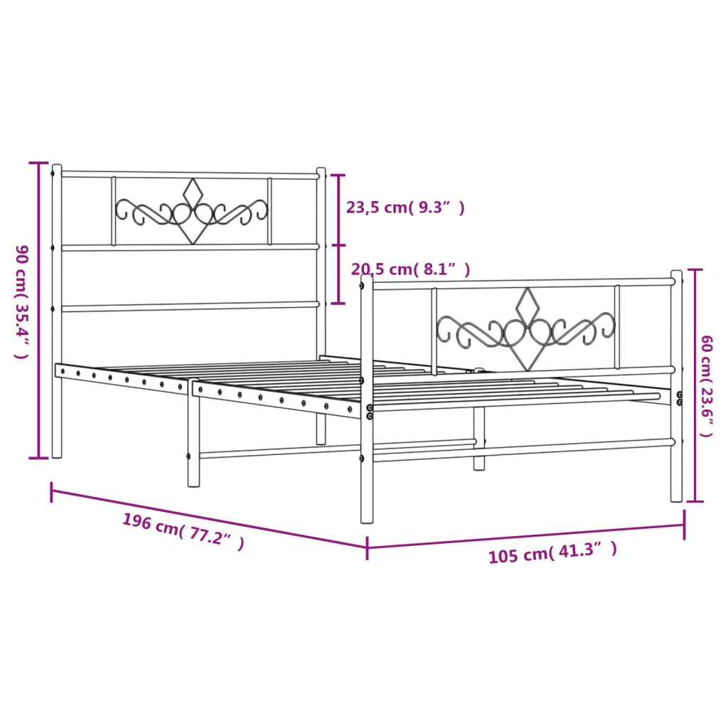 vidaXL Bedframe met hoofd- en voeteneinde metaal wit 100x190 cm