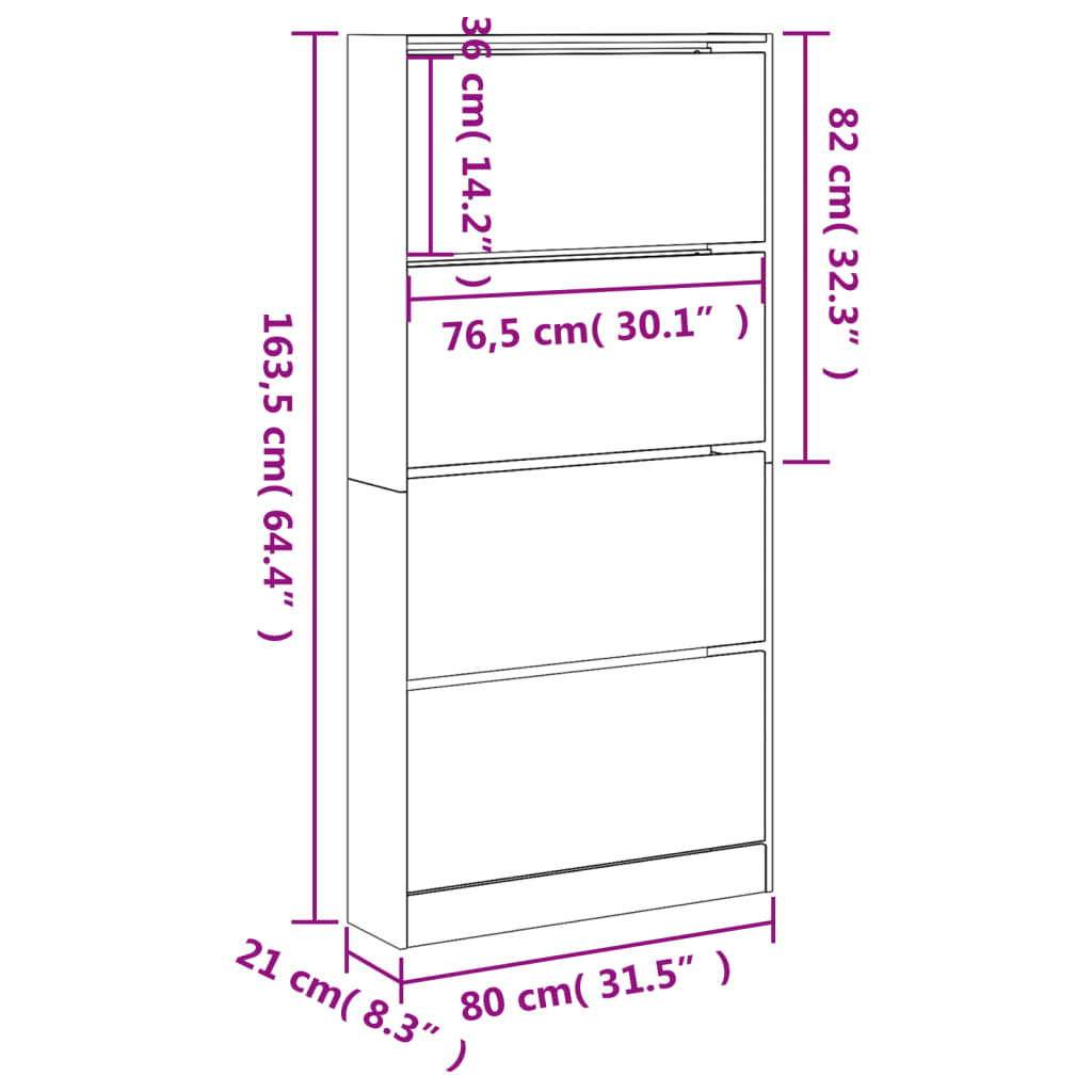 vidaXL Schoenenkast met 4 klaplades 80x21x163,5 cm wit