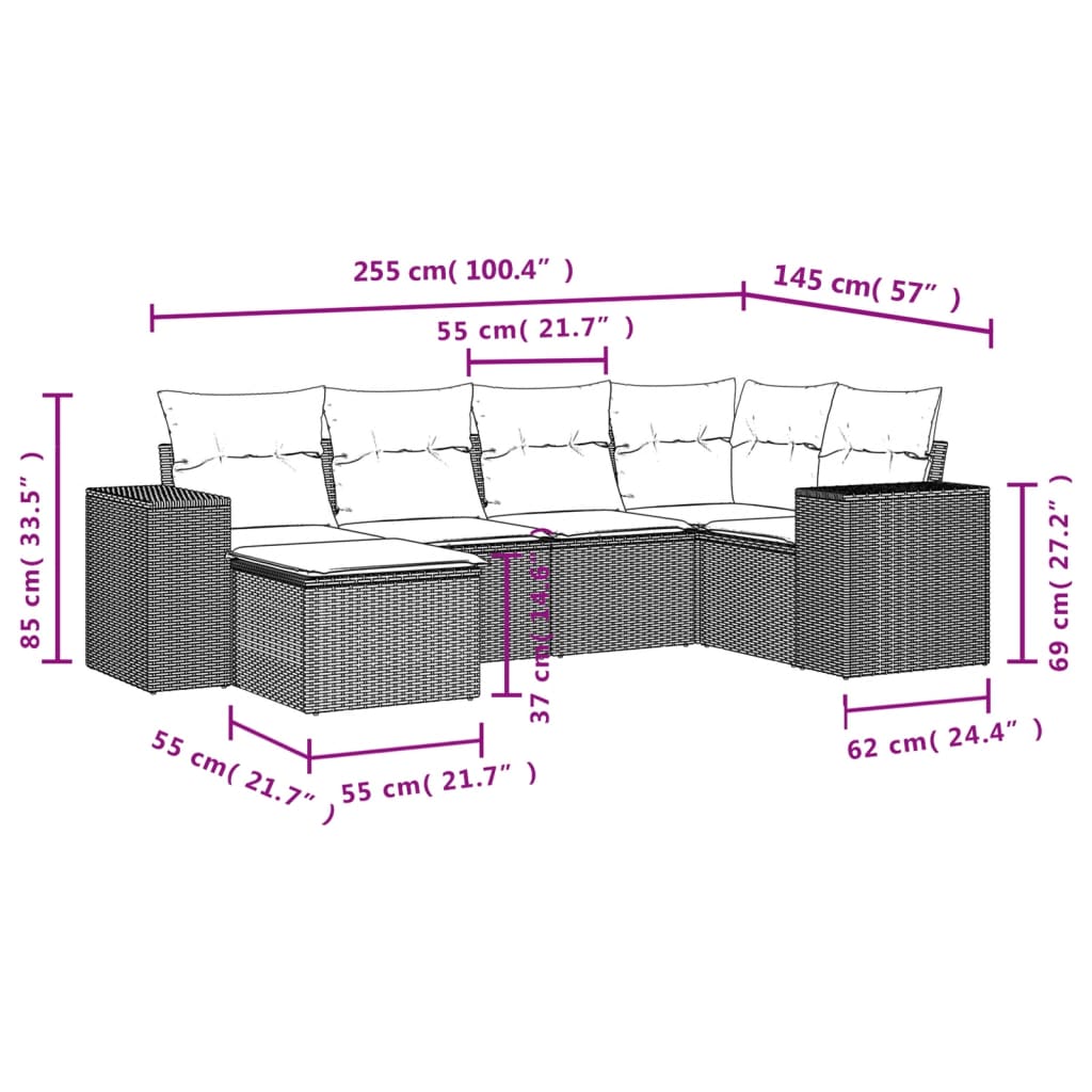 vidaXL 6-delige Loungeset met kussens poly rattan zwart