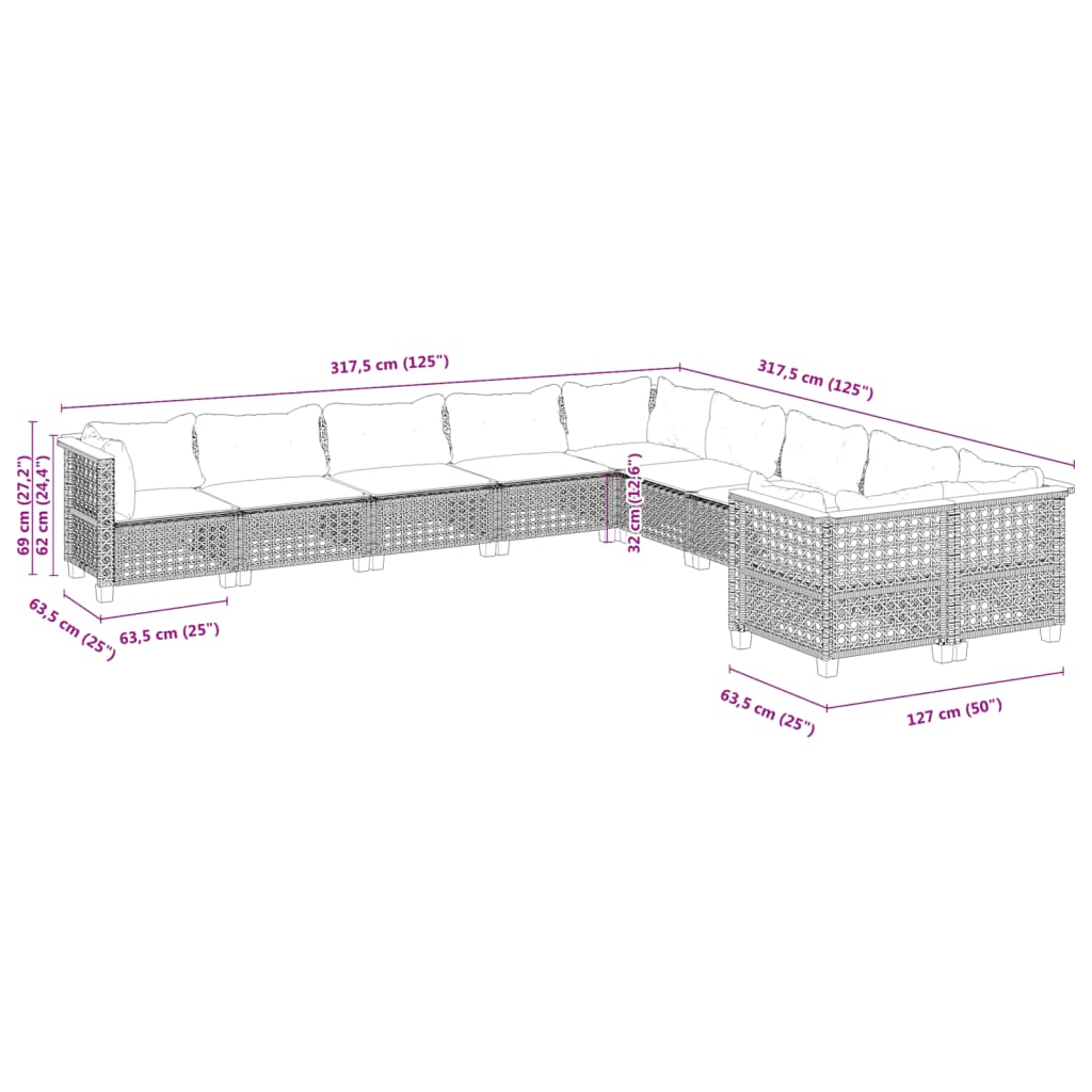 vidaXL 10-delige Loungeset met kussens poly rattan zwart