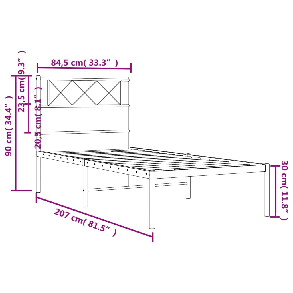 vidaXL Bedframe met hoofdbord metaal zwart 80x200 cm