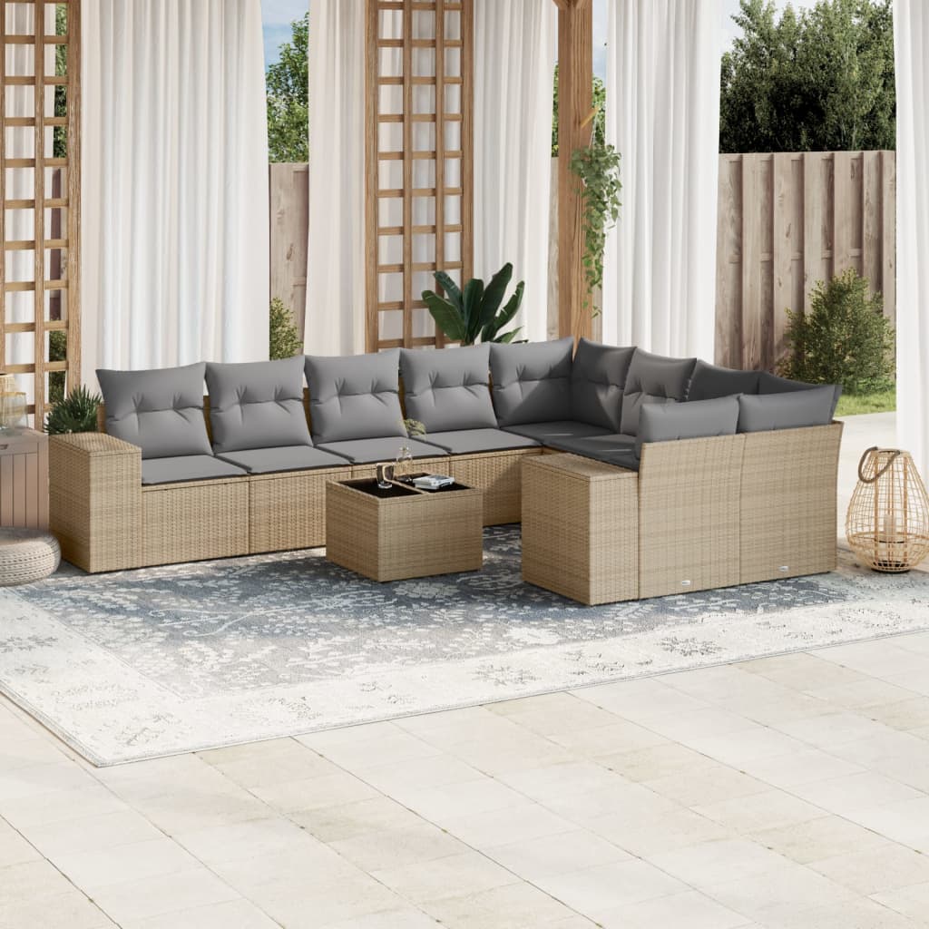 vidaXL 10-delige Loungeset met kussens poly rattan beige