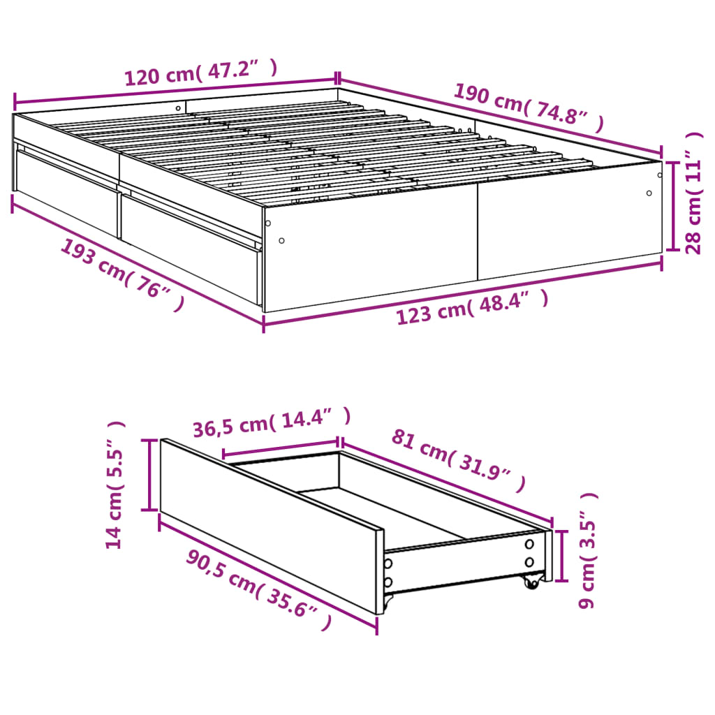 vidaXL Bedframe met lades bewerkt hout betongrijs 120x190 cm