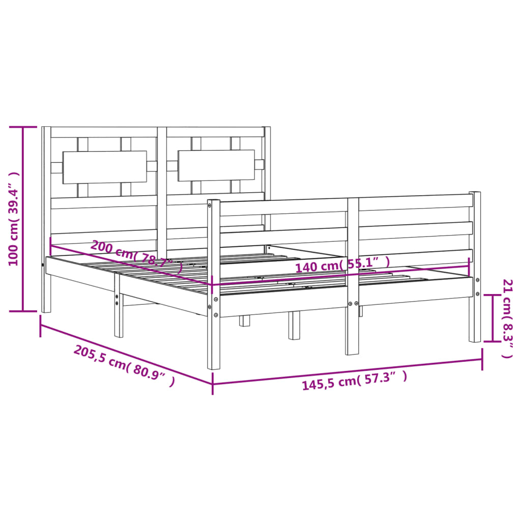 vidaXL Bedframe met hoofdbord massief hout wit 140x200 cm