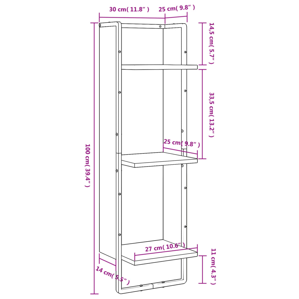 vidaXL Wandrek 3-laags 30x25x100 cm bewerkt hout zwart