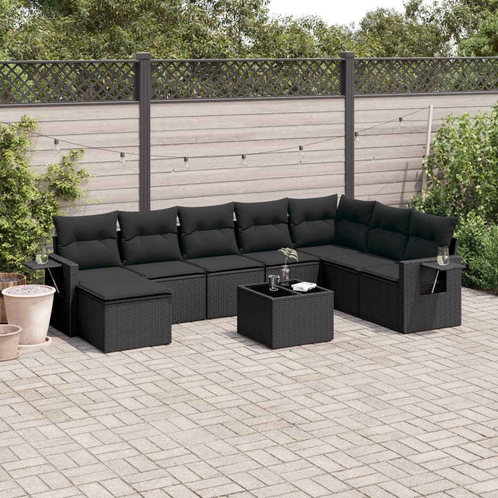 vidaXL 9-delige Loungeset met kussens poly rattan zwart