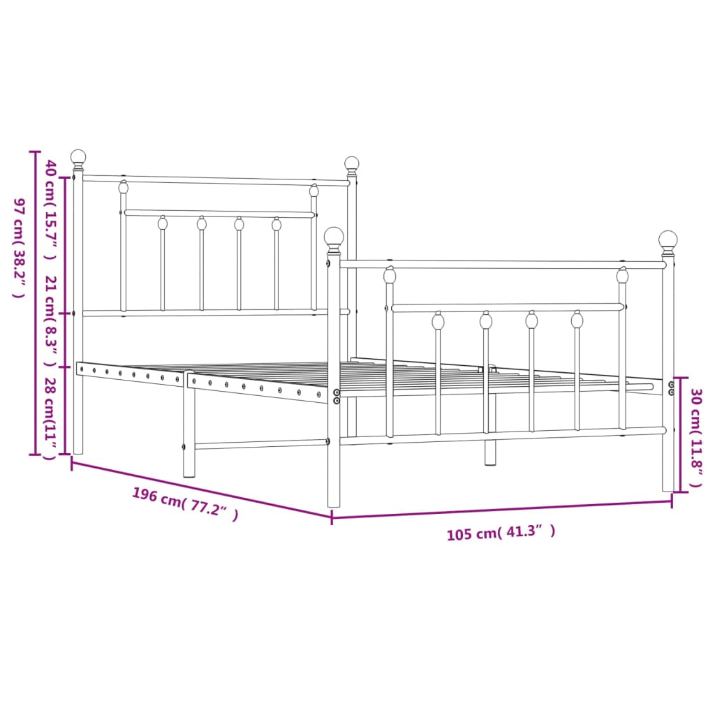 vidaXL Bedframe met hoofd- en voeteneinde metaal wit 100x190 cm