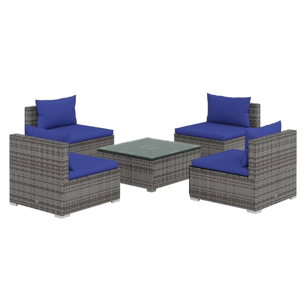 vidaXL 5-delige Loungeset met kussens poly rattan grijs