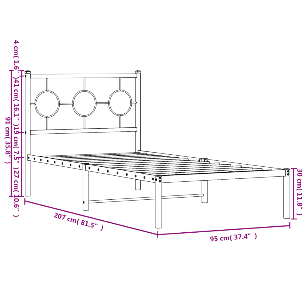 vidaXL Bedframe met hoofdbord metaal zwart 90x200 cm