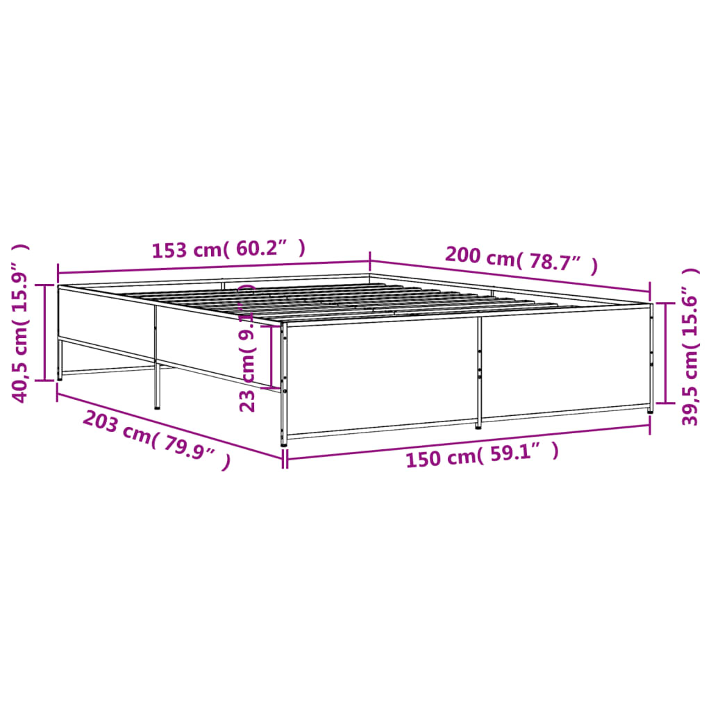 vidaXL Bedframe bewerkt hout metaal gerookt eikenkleurig 150x200 cm