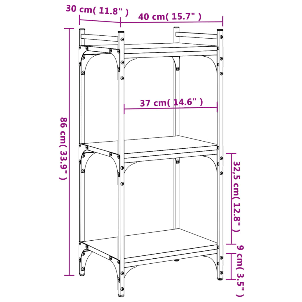 vidaXL Boekenkast 3-laags 40x30x86 cm bewerkt hout gerookt eikenkleur