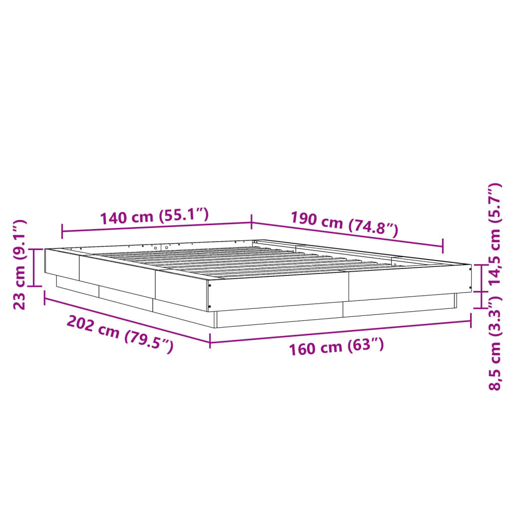 vidaXL Bedframe met LED-verlichting bruin eikenkleurig 140x190 cm