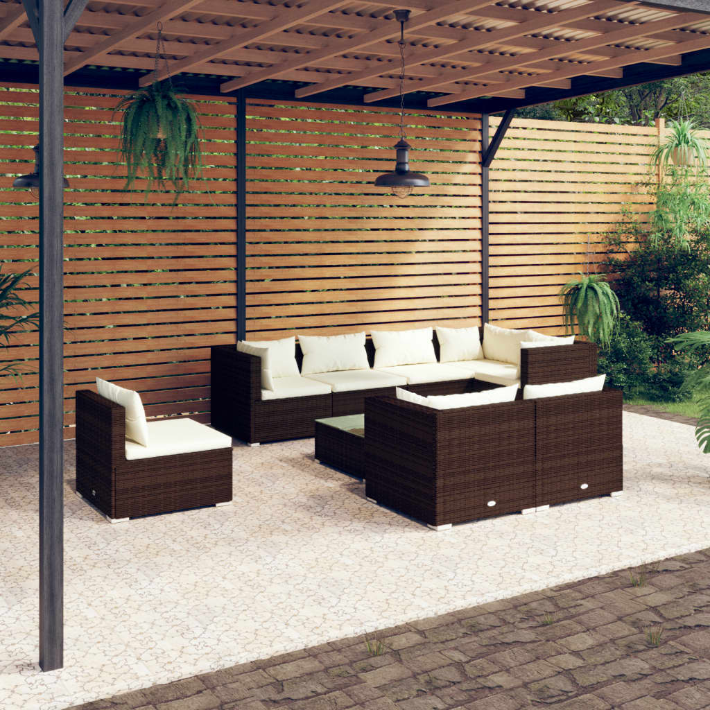 vidaXL 9-delige Loungeset met kussens poly rattan bruin