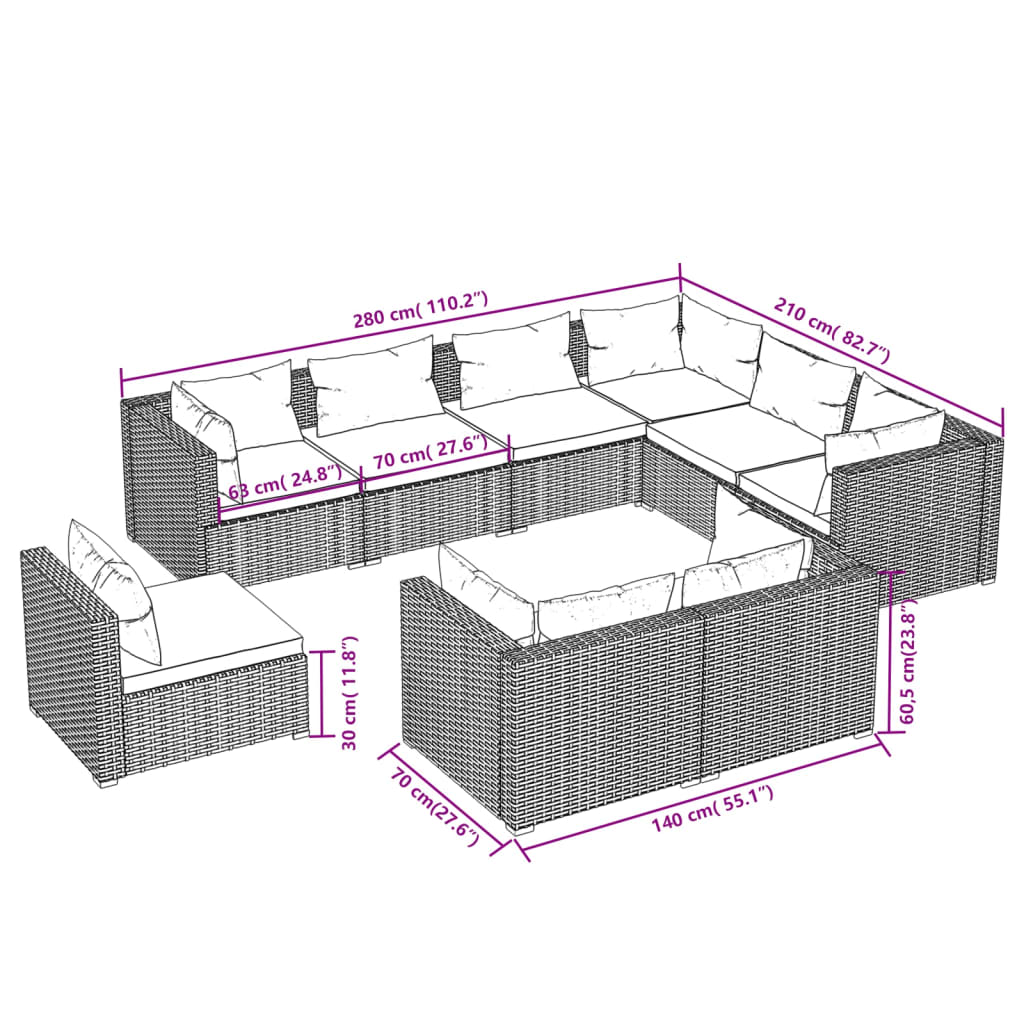 vidaXL 9-delige Loungeset met kussens poly rattan zwart