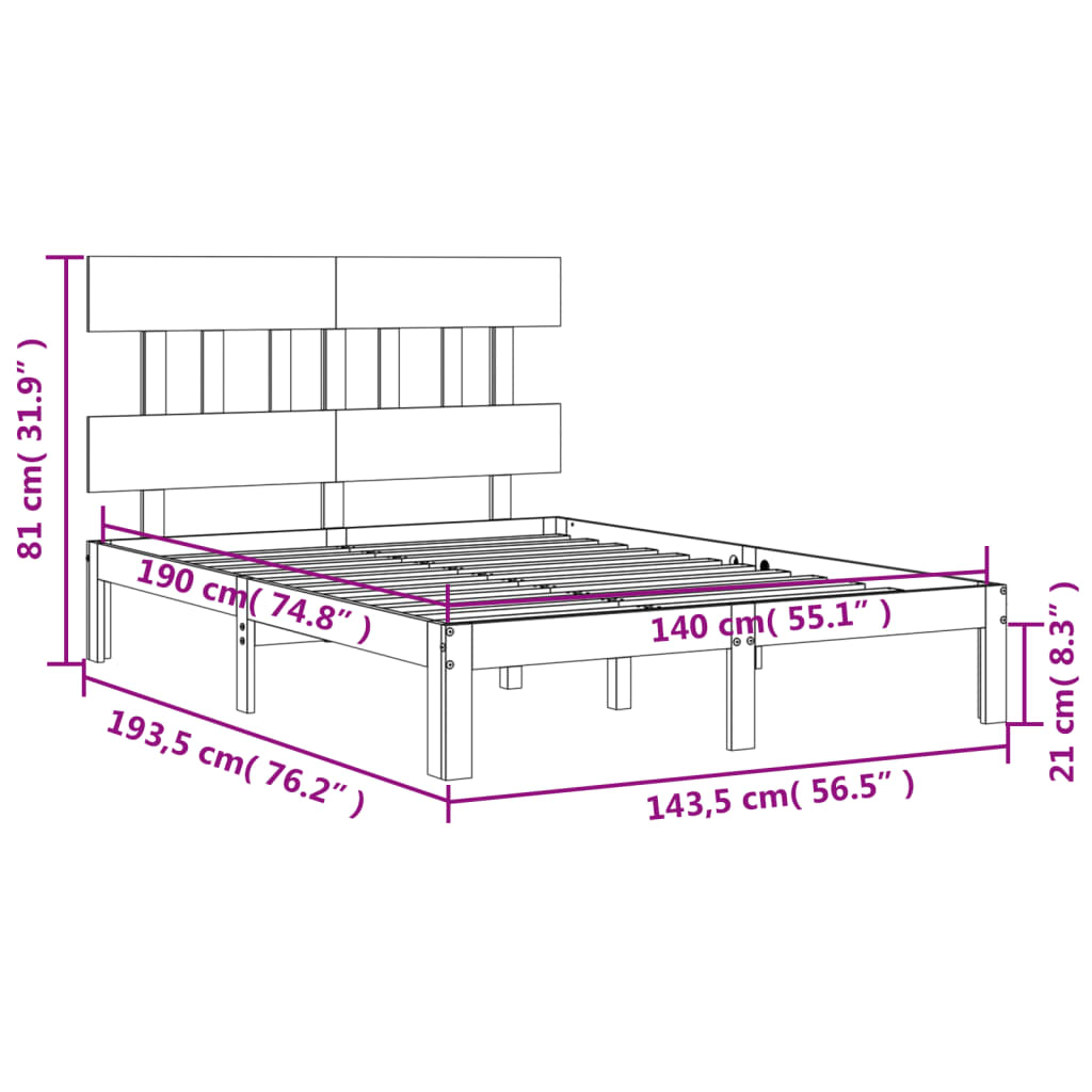 vidaXL Bedframe met hoofdbord massief hout 140x190 cm