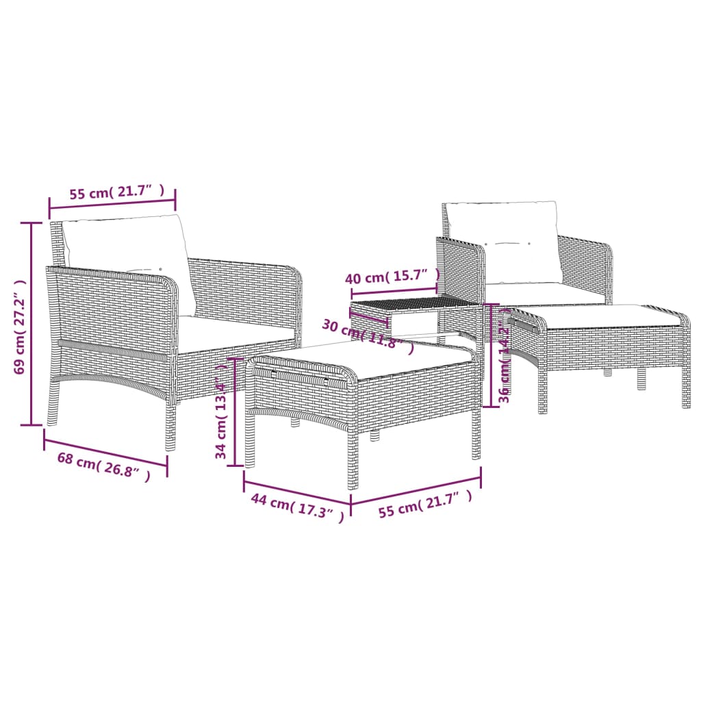 vidaXL 5-delige Loungeset met kussens poly rattan grijs