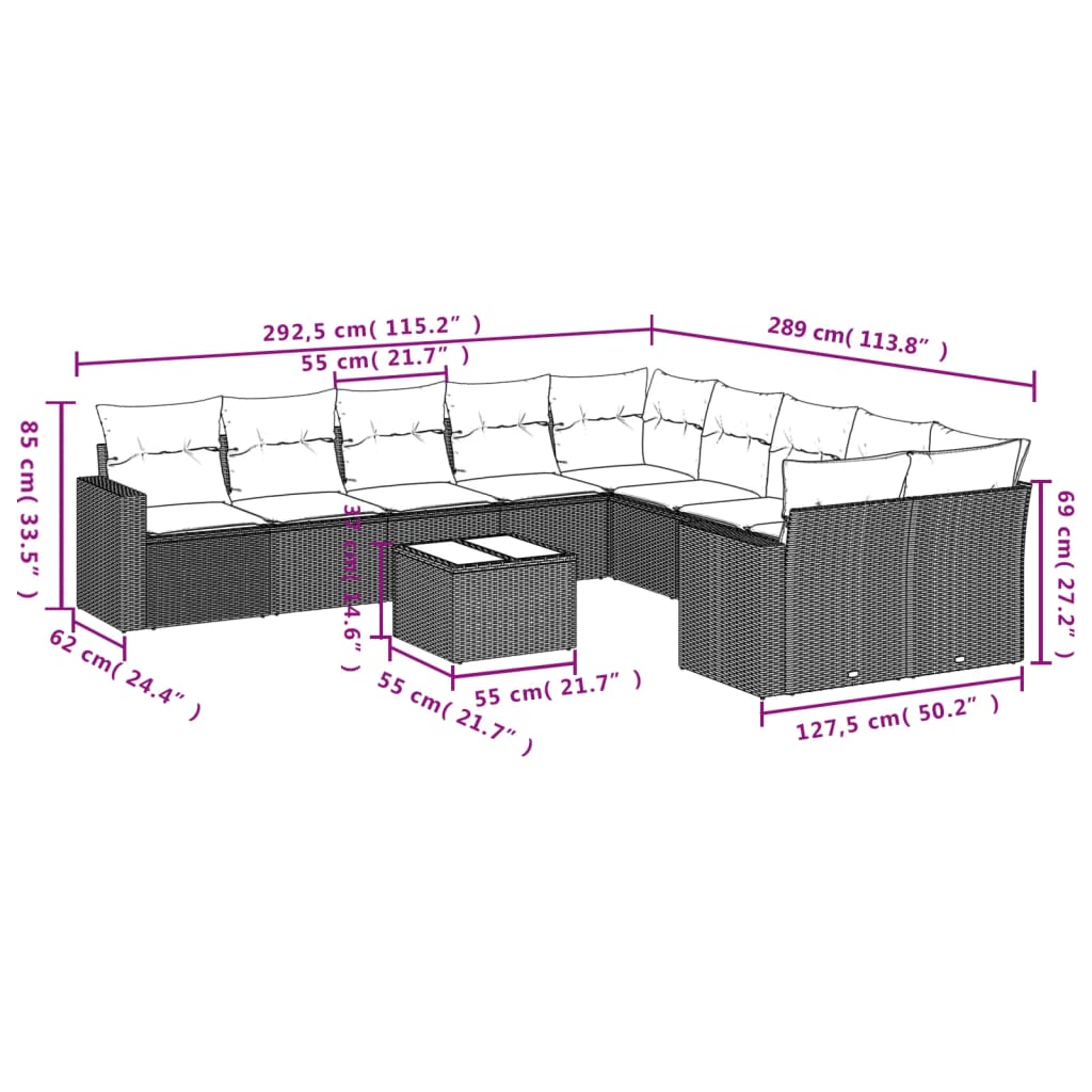 vidaXL 11-delige Loungeset met kussens poly rattan lichtgrijs