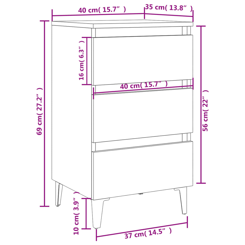 vidaXL Nachtkastje met metalen poten 40x35x69 cm hoogglans wit