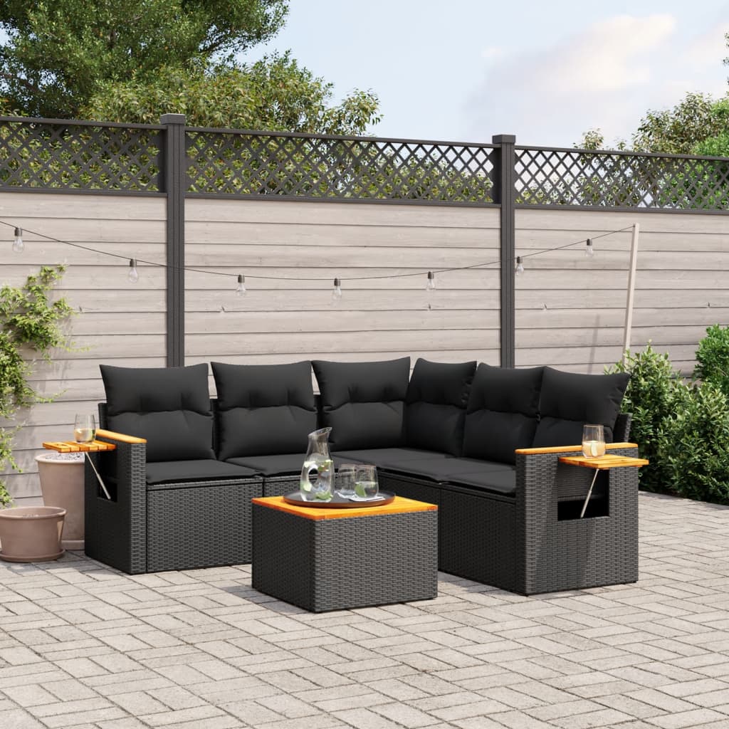 vidaXL 6-delige Loungeset met kussens poly rattan zwart