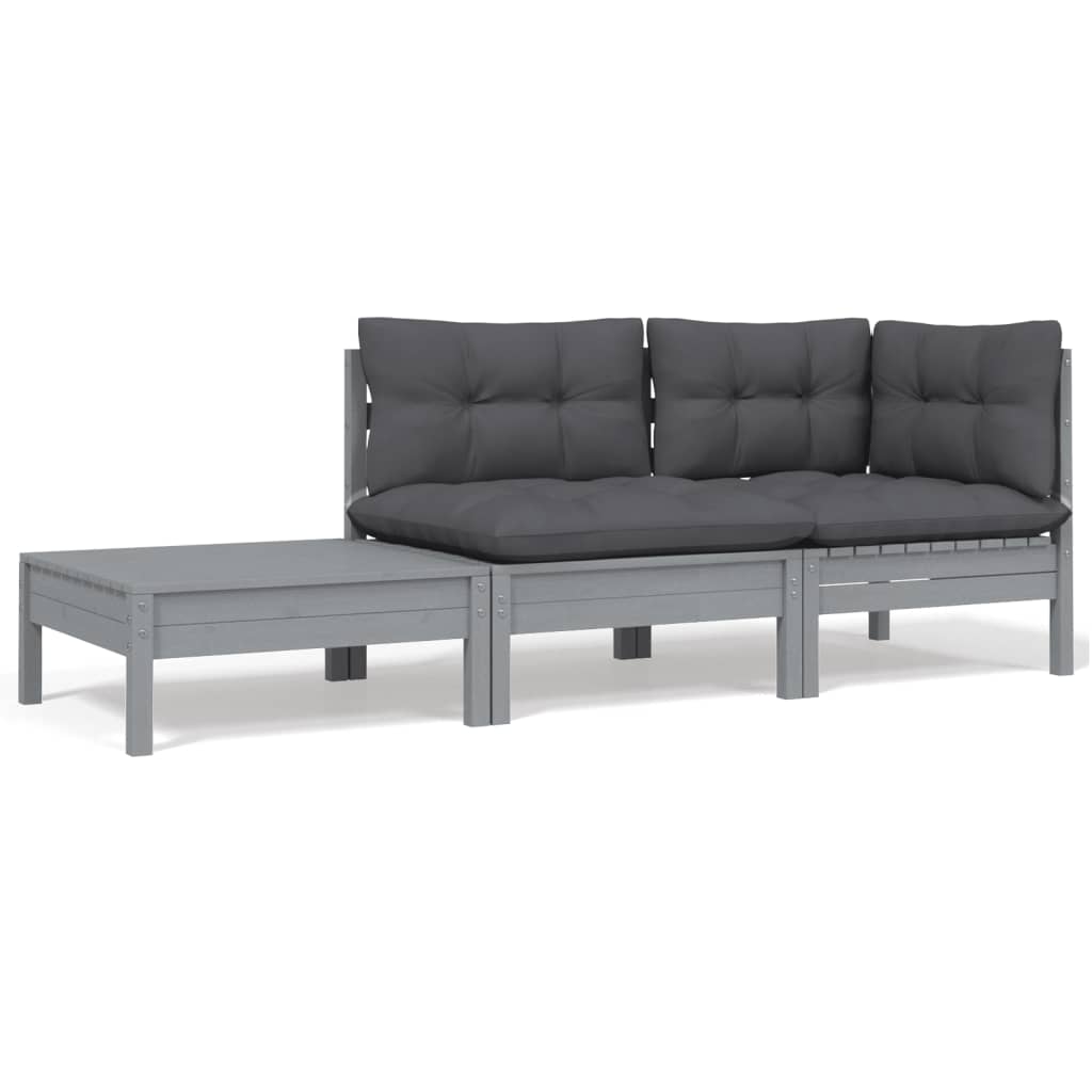 vidaXL 3-delige Loungeset met kussens massief grenenhout grijs