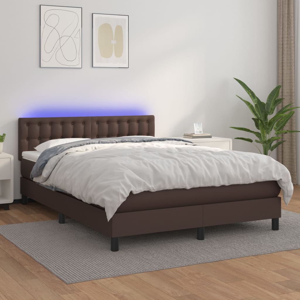 vidaXL Boxspring met matras en LED kunstleer bruin 140x200 cm