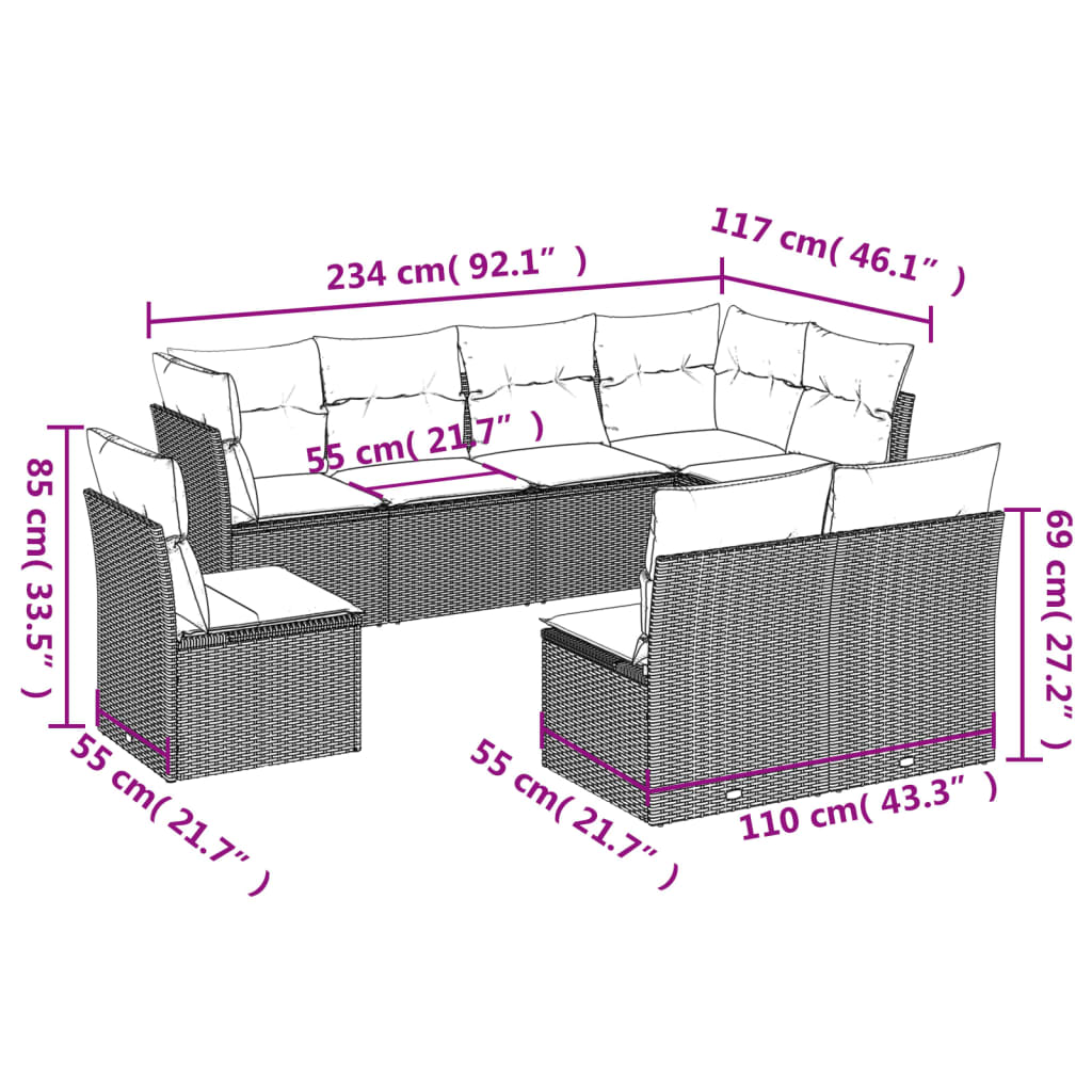 vidaXL 8-delige Loungeset met kussens poly rattan zwart