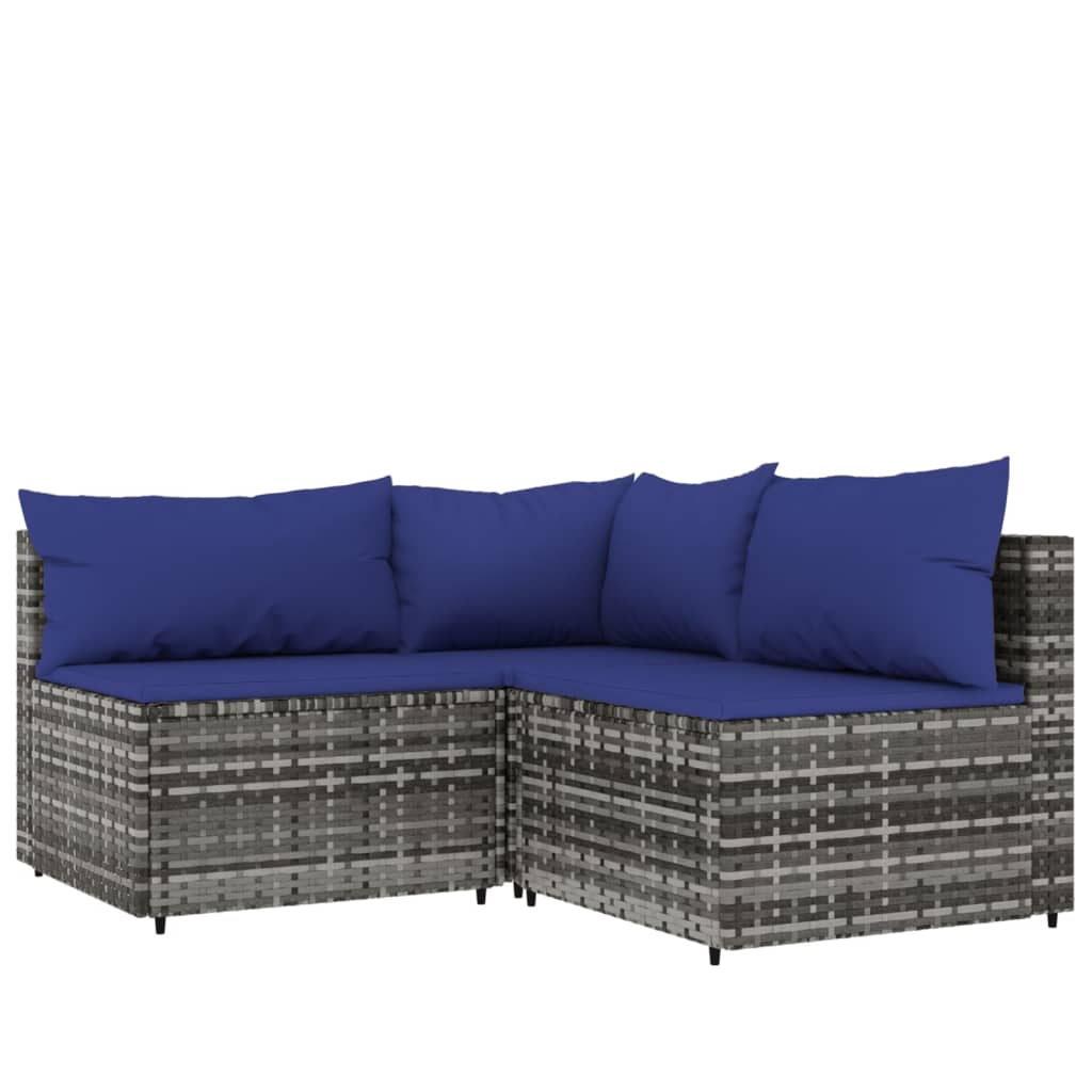 vidaXL 3-delige Loungeset met kussens poly rattan grijs