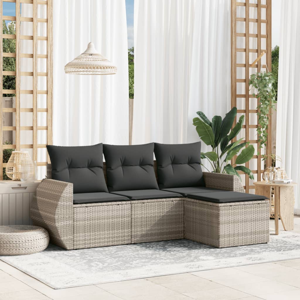 vidaXL 4-delige Loungeset met kussens poly rattan lichtgrijs