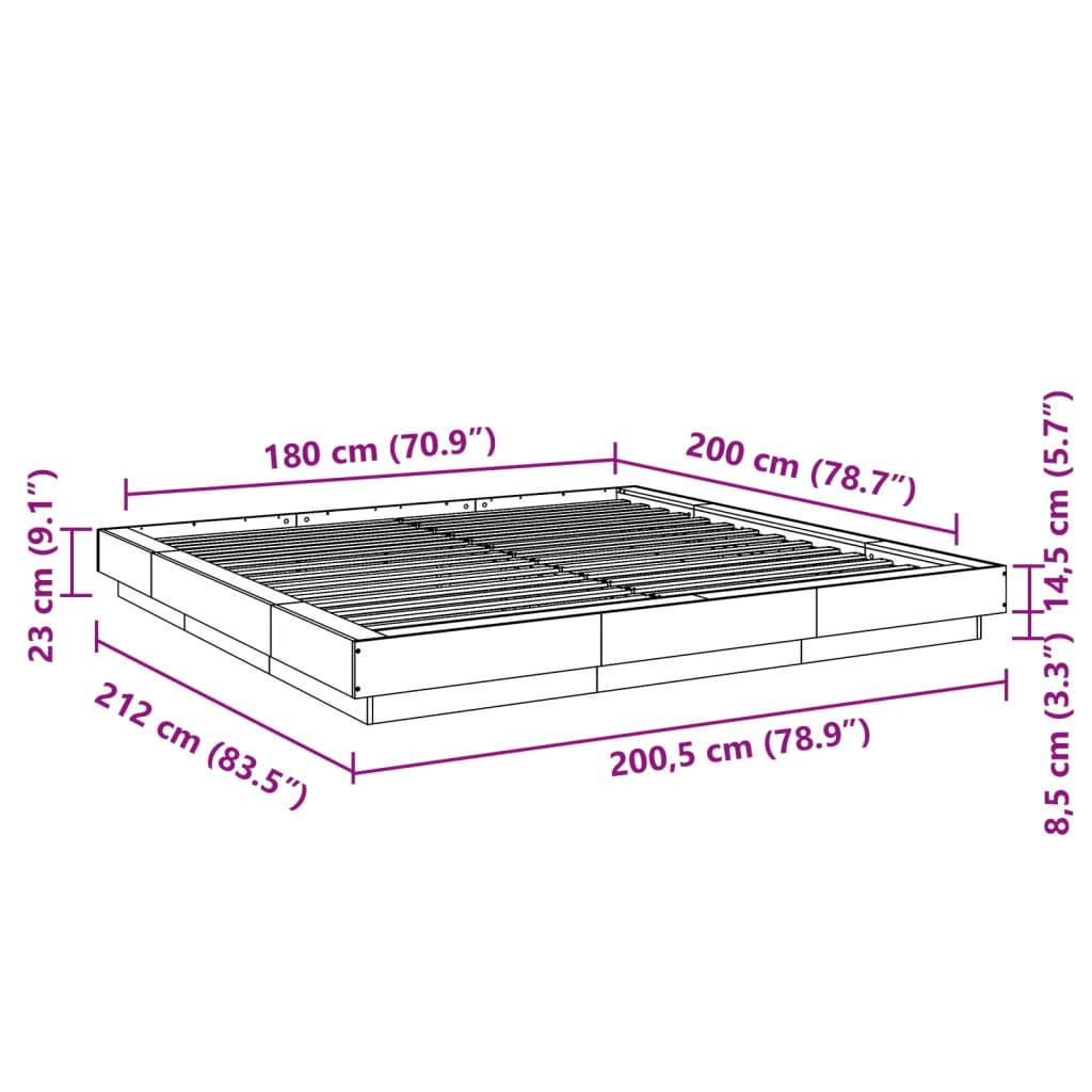 vidaXL Bedframe met LED-verlichting bewerkt hout betongrijs 180x200 cm