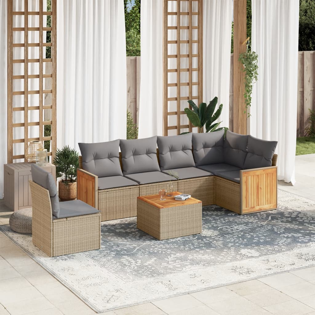 vidaXL 7-delige Loungeset met kussens poly rattan beige