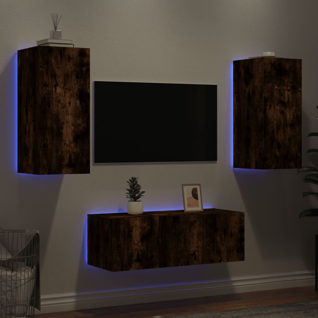 vidaXL 8-delige tv-wandmeubelset met LED bewerkt hout gerookt eiken