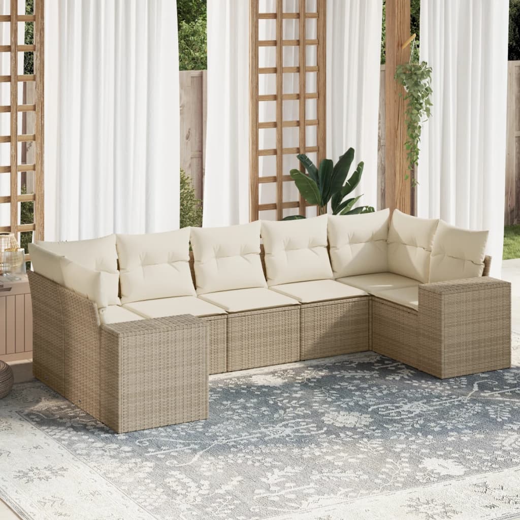 vidaXL 7-delige Loungeset met kussens poly rattan beige