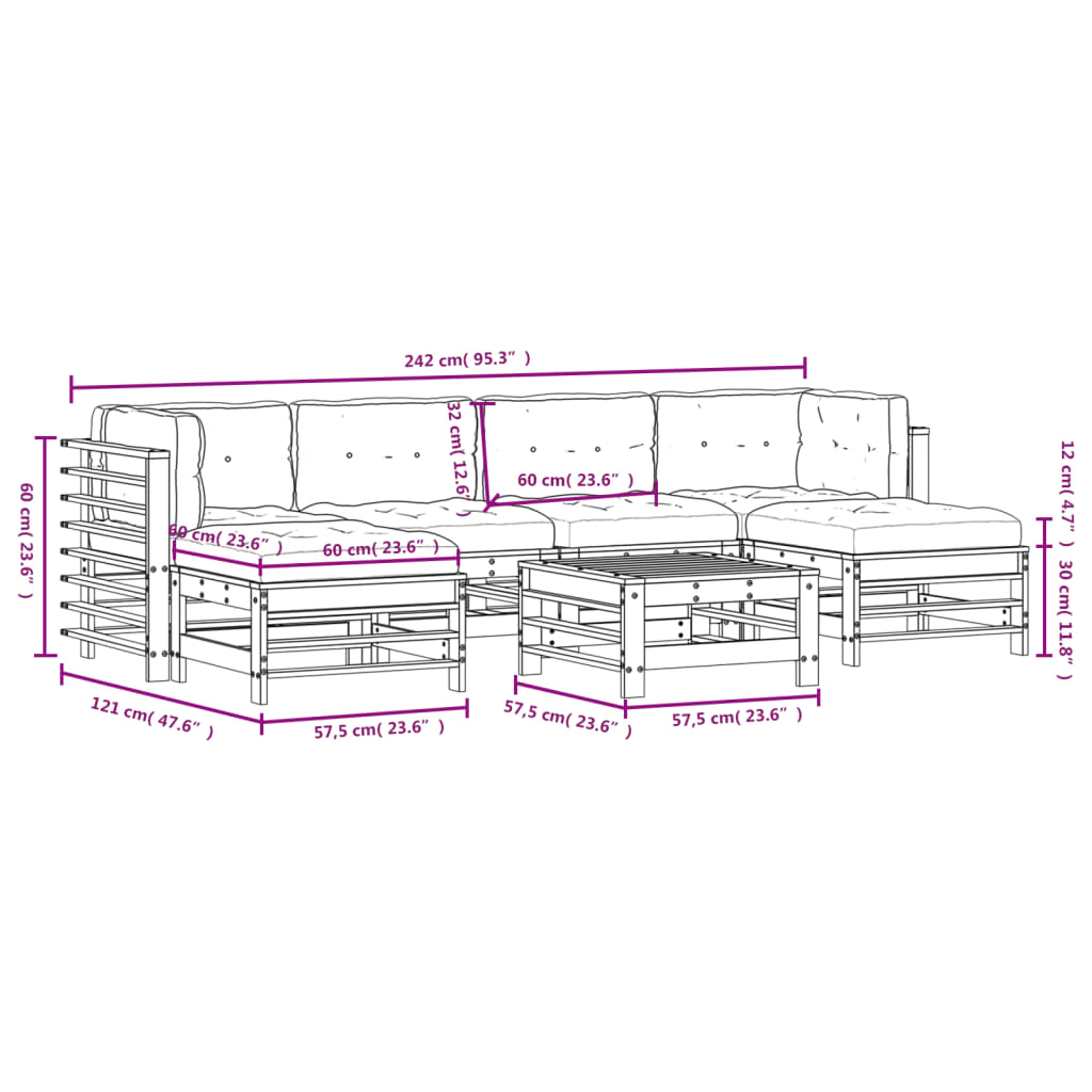 vidaXL 7-delige Loungeset met kussens massief hout wit