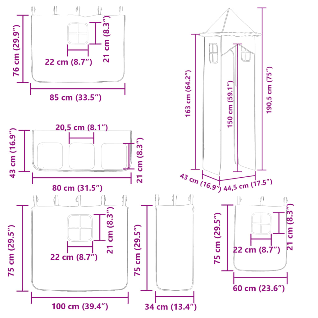 vidaXL Stapelbed met glijbaan en gordijnen roze 80x200 cm