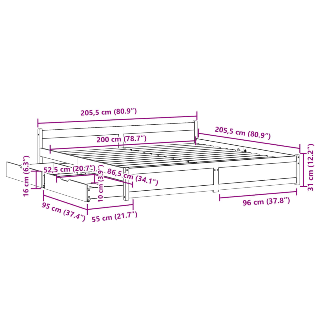 vidaXL Bedframe zonder matras massief grenenhout wit 200x200 cm