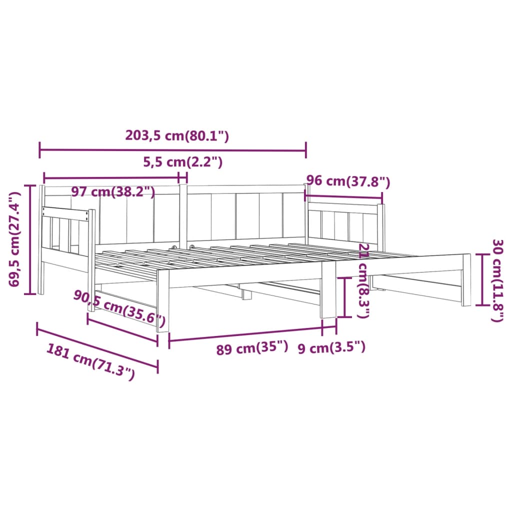 vidaXL Slaapbank uitschuifbaar massief grenenhout wit 2x(90x200) cm