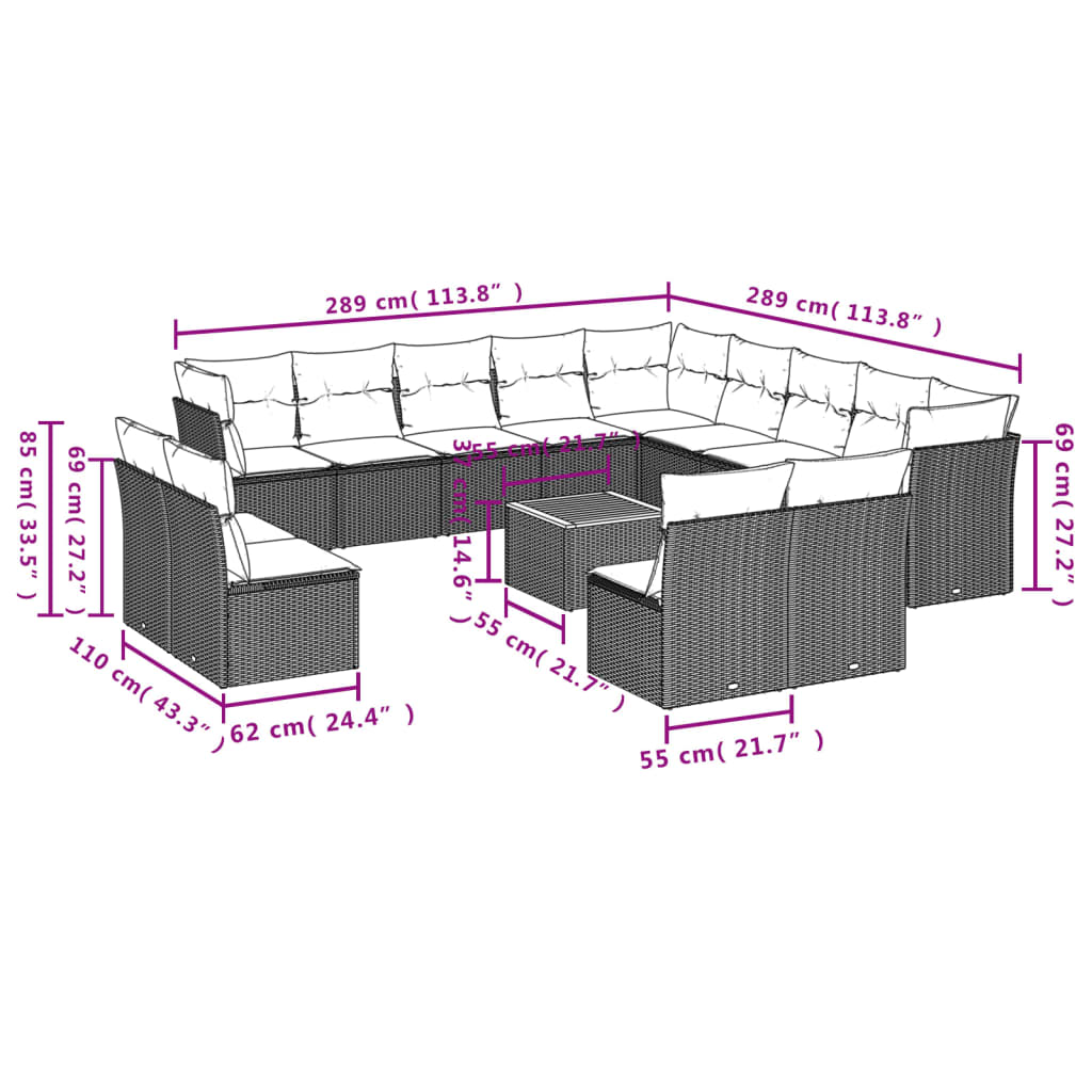 vidaXL 14-delige Loungeset met kussens poly rattan grijs